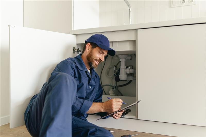 Residential plumber reviewing plumbing repairs in a Jacksonville kitchen