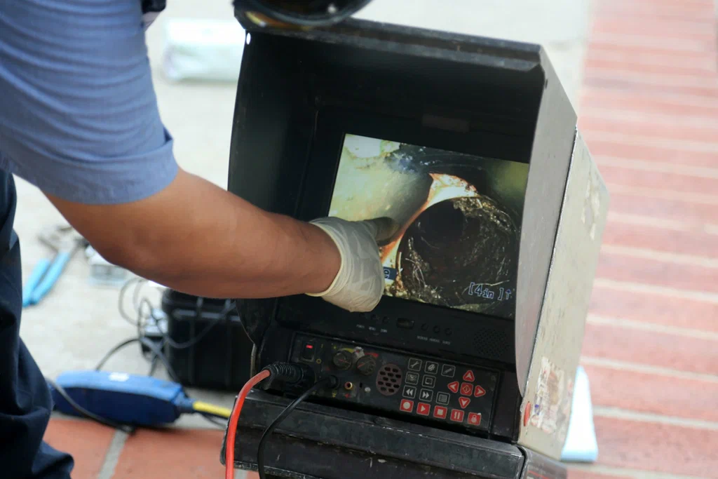 Technician viewing a drain inspection camera in Jacksonville